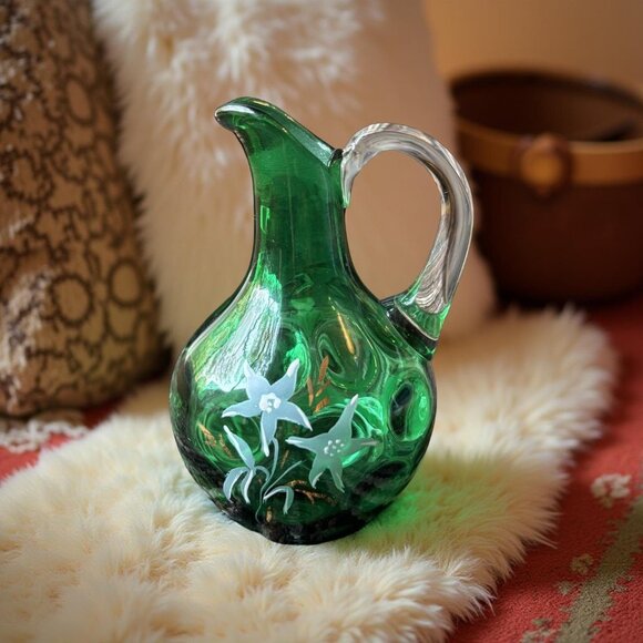 European Other - Vintage Green Art Glass Pitcher | Mary Gregory Style Hand Painted | Boho Vanity